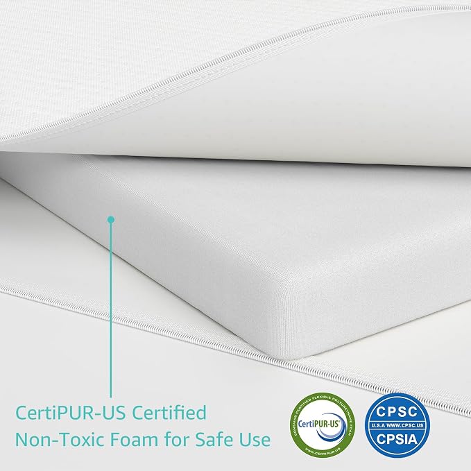 YENING Organic Cotton Pack and Play Mattress Pad Breathable 38x26 Waterproof Baby Mattress for Pack N Play Matress Topper Waterproof with Strap White