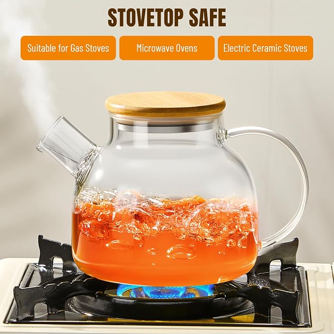 PARACITY Glass Teapot Stovetop, Borosilicate Clear Tea Kettle with Removable 18/8 Stainless Steel Infuser, Teapot Blooming and Loose Leaf Tea Maker Tea (transparent, 34oz-bamboo lid)