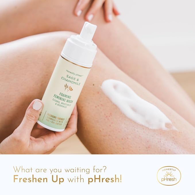 Honestly pHresh Foaming Feminine Wash for Women – pH Balanced Natural Intimate Cleanser with Prebiotics & Probiotics. Vegan, Sensitive Skin Safe. Made In USA - Sage & Chamomile Scent, 5 oz