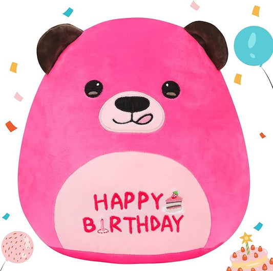 12” Birthday Bear Plush Pillow Hot Pink Happy Birthday Pillow Soft Cute Bear Plush Toy Stuffed Animal Gifts for Kids