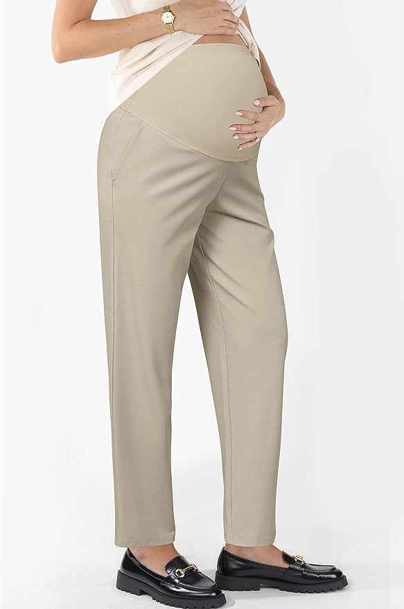 OUGES Womens Stretchy Maternity Over Belly Casual Work Straight Leg Pants Ankle Business Office Trousers with Pockets