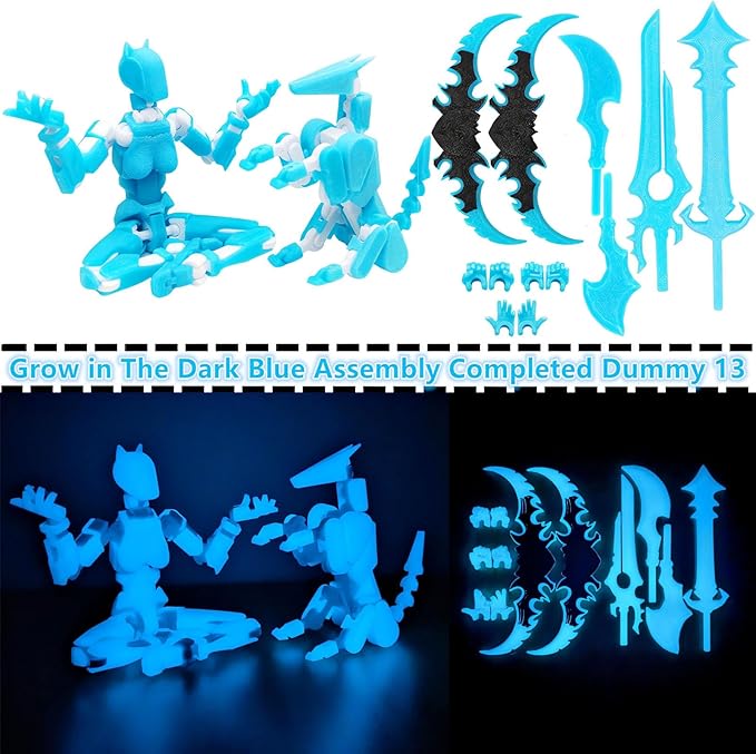 T13 Action Figures (Grow in The Dark Blue) Titan 13 Action Figures T13 3D Action Figure Set Already Assembled Dummy 13 Nova T-13 Robot 3D Printed Multi-Jointed Movable Toy (Blue White + Dog)