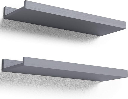 Boswillon Floating Shelves Set of 2, Small Wall Shelf with Lip, 16in, Grey | Display Ledge Shelf for Room Wall, Wall Decor Shelves for Bathroom, Living Room, Bedroom, Kitchen, Nursery Room, Modern, Wood