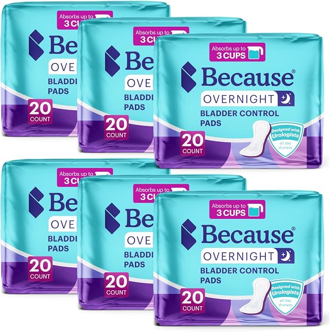 Because Overnight Incontinence Pads for Women – Moderate-to-Heavy Absorbency for Nighttime Use, Long-Length Protection, 120 Count, New Version