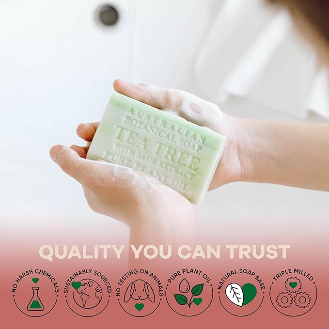 Australian Botanical Soap Essential Medley 4 Bar Variety Pack – Eucalyptus, Sandalwood, Lavender & Tea Tree, Triple Milled 6.6 oz Bars with Shea Butter