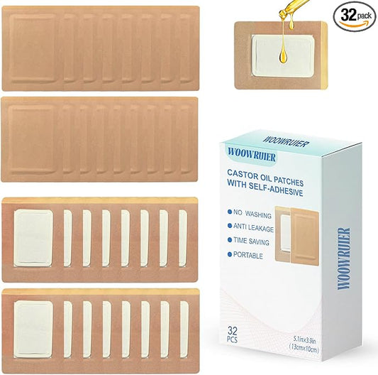32 Pcs Castor Oil Patches, Disposable Portable Castor Oil Packs with Anti Leakage Cotton for Belly/Feet/Knee (Oils Not Included), 5.1" x 3.9"