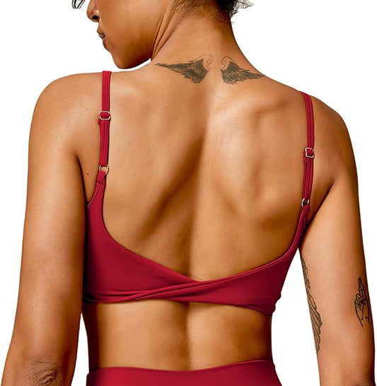 QUOJIZY Sports Bras for Women Open Back Workout Tops for Women Yoga Bra Spaghetti Straps Twist Back