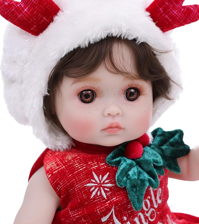 Baby Dolls, 18 Inch Realistic Reborn Full Vinyl Baby Doll with Brown Curly Hair, Hand-Painted Freckles & Cozy Red Outfit for Girls Ages 3+, Pretend Play, Display & Collection