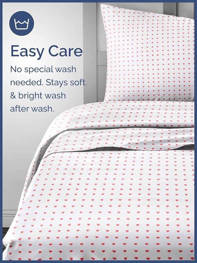 Kids Queen Size Bed Sheet Set - 4 Piece Kids Loft Bed Sheets - Soft, Cute and Cozy - Comfy, Breathable and Machine Washable - Easy-Care & Wrinkle Free Hearts Bed Set for Boys, Girls, Teens & Toddlers