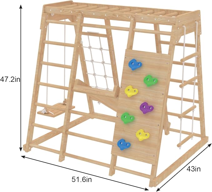 Avenlur Magnolia Indoor Playground 7-in-1 Jungle Gym Playset for Kids 2-6yrs - Slide, Climbing Wall, Rope Wall Climber, Monkey Bars, Swing - Waldorf and Montessori Style Wooden Climb Set.