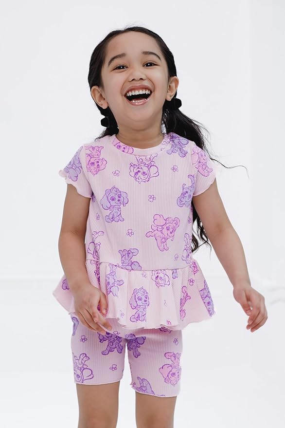 Paw Patrol Ribbed Peplum T-Shirt and Shorts Outfit Set Newborn to Little Kid Sizes (0-3 Months - 7-8)