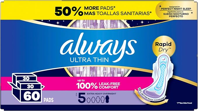 Always Ultra Thin Feminine Pads with Wings for Women, Size 5, Extra Heavy Overnight Absorbency, Unscented, Up to 100% Leak-Free Comfort, 60 Count