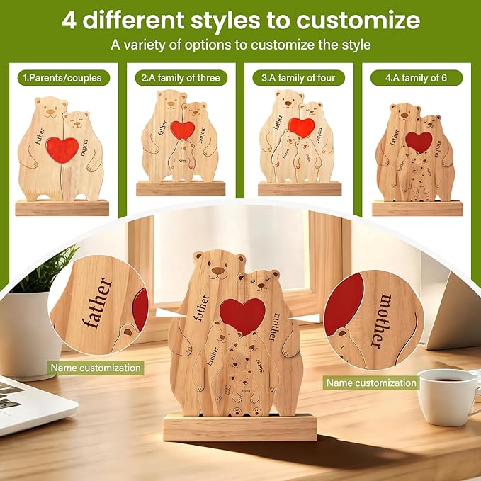 Personalized Wooden Bear Family Puzzle with 2-6 Names - Custom Heart Art Figurine for Mom Grandma Dad - Rustic Home Decor Statue Gift for Birthday Christmas Housewarming Anniversary