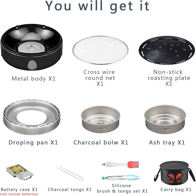Portable Charcoal Outdoor BBQ Grill For Camping With Travel Bag - Small Tabletop Smoke ＆ Smokeless Pan Optional - Built In Electric Fan Power Supplied By Battery Charger Or Power Bank. (Luxury Black)