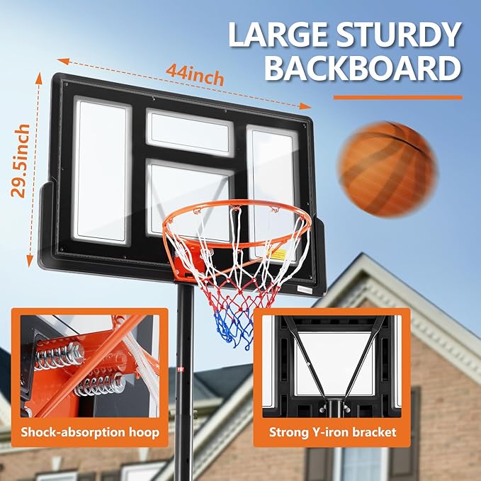 DUMOS 10FT Adjustable Height Portable Basketball Hoop Outdoor for Adult, 44 Inch Shatterproof Backboard w/Shock Absorbent Rim, Fillable Base, 2 Wheels for Swimming Pool/Indoor