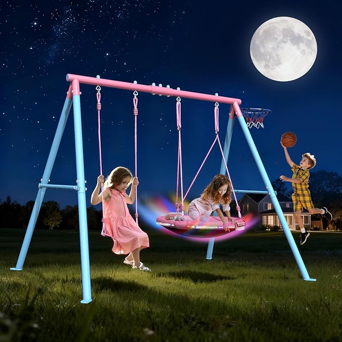3-in-1 Heavy Duty Metal Swing Set for Backyard, 440 lbs Capacity Outdoor Playset with 32" Saucer Swing & 19" Belt Swing - Kids & Adults Play Equipment Ages 3-8
