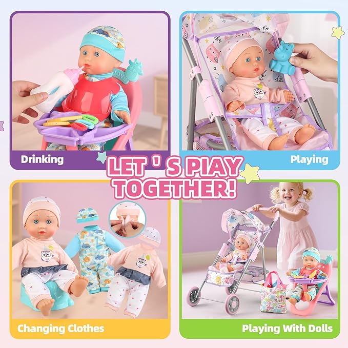 Baby Doll Stroller Play Set with 12.5" Baby Doll,Dining Chair, 2 Sets Clothes and 20 PCS Doll Accessories. Stroller Toy for 3, 4, 5, 6 Year Old Toddler Girls for Realistic Pretend Play.