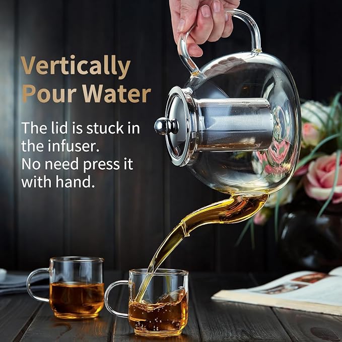 DOPUDO 39OZ (1150ML) Glass Teapot with Infuser Stovetop Safe, Clear Glass Tea Pot Kettle, Borosilicate Tea Pot with Infusers Filter for Loose Tea, Tea Kettle Dishwasher Safe