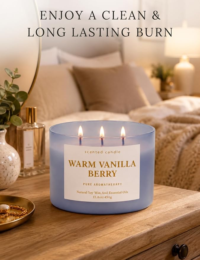 Warm Vanilla Berry 3-Wick Soy Candle, 15.8 oz Scented Candle for Home | Strawberry, Raspberry & Spice, Aromatherapy Relaxing, Highly Scented, Clean Burn, Summer & Fall Candle, Gift for Women & Men