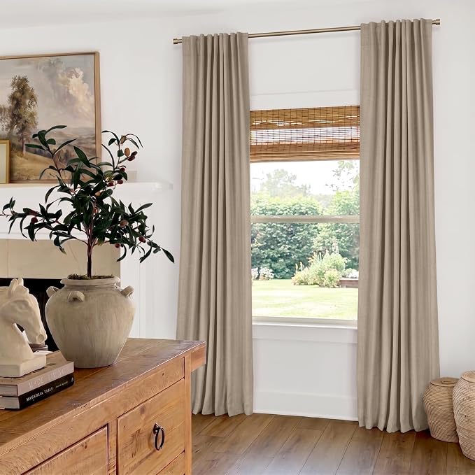 100% Blackout Shield Linen Blackout Curtains for Bedroom 96 Inches Long, Back Tab/Rod Pocket Living Room Drapes, Thermal Insulated Blackout Curtains 2 Panels Set, 50" W x 96" L,Burlywood Birch