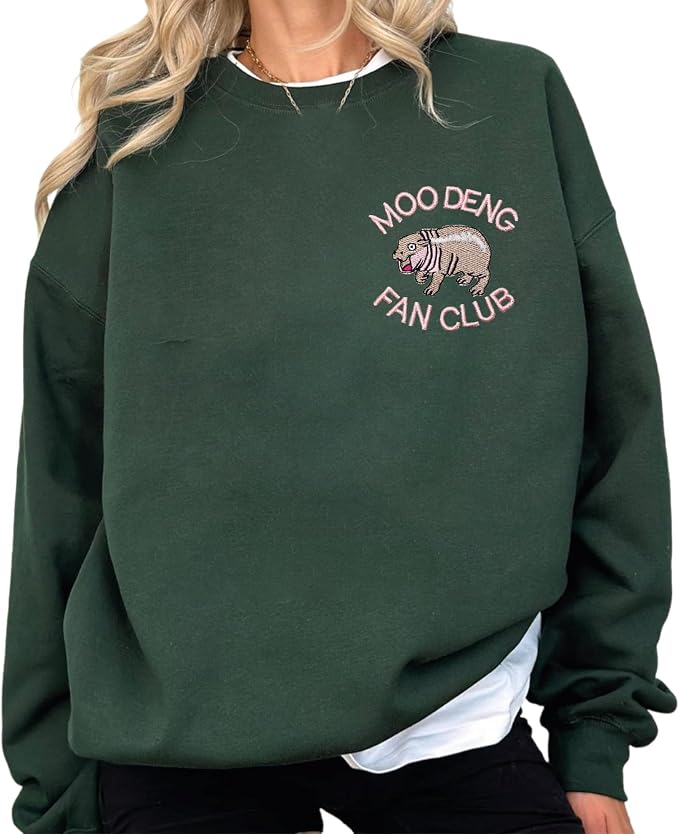 YOUNG GREEN Moo Deng Embroidered Sweatshirt Moo Deng Bouncy Pig Shirt Cute Baby Hippo Sweatshirt Gift For Moo Deng Lovers