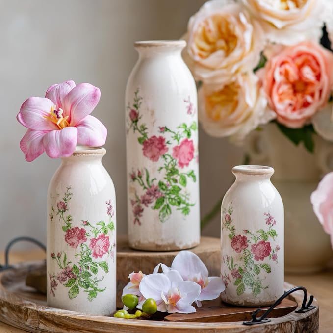 Vintage Vase Set of 3, Ceramic Vintage Flower Vases, Decorative Home Decor Retro Floral Vase Rustic Farmhouse Decor for Table Bookshelf Mantel Kitchen Living Room Office - Pink Flower