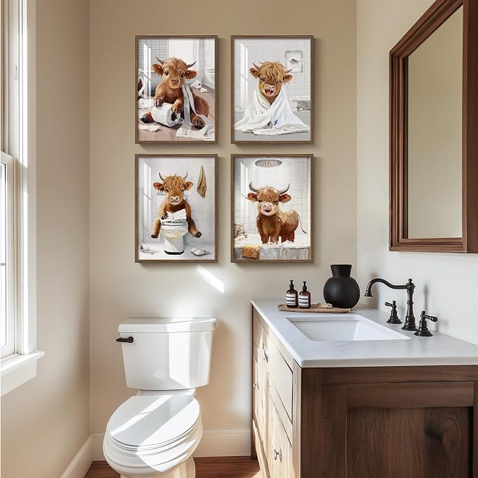 Framed Funny Highland Cow Wall Art for Bathroom, 4 Piece Rustic Fun Farmhouse Animal Painting Prints Artwork for Walls, Cute Mini Cow Pictures for Restroom Washroom Toilet Bathroom Wall Decor, 12x16