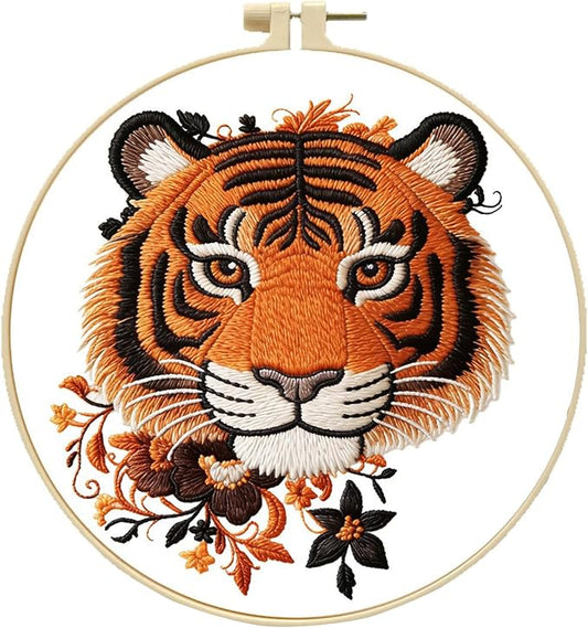Qvthpv Tiger Embroidery Kit for Beginners, Animal Flower Cross Stitch Pattern, with Complete Tools, Boho Home Decor Wall Hanging Art Gift for Women Mom Wife (Tiger Flower)