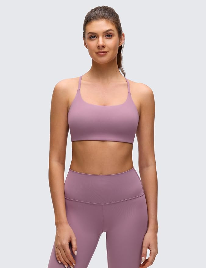 CRZ YOGA Butterluxe Twist Cross Back Sports Bras for Women - U Neck Padded Adjustable Spaghetti Straps Yoga Top