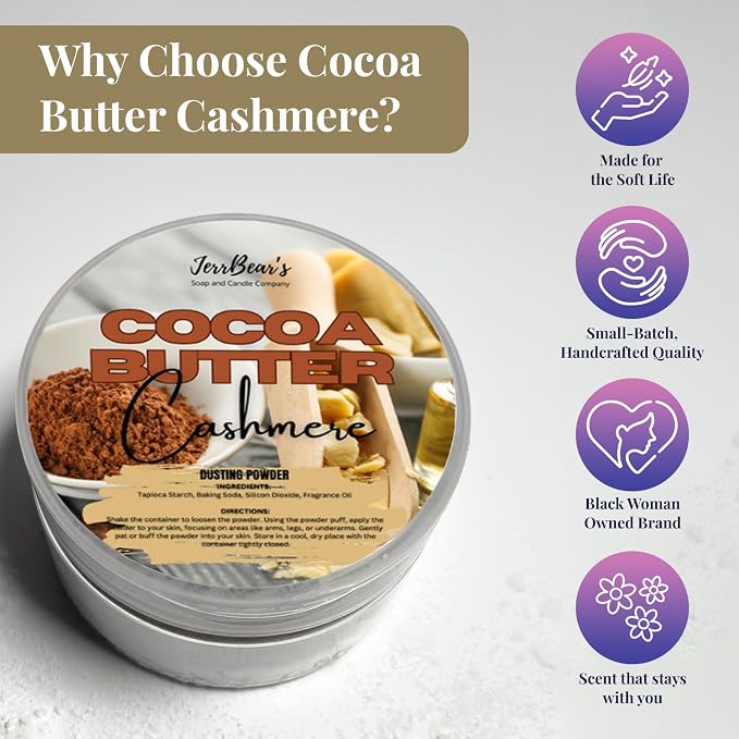Cocoa Butter Cashmere Dusting Powder for Women, 4oz Jar | Talc Free Body Formula, Soft Scented Skin Care, Gentle Powder for Daily Freshness, Includes Puff Application