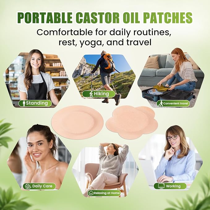 Castor Oil Patches for Belly Button, 50 Pack Disposable Self-Adhesive Patches with Cotton Pads, Leak-Resistant & Breathable Design, Portable, No Washing Needed (Beige)