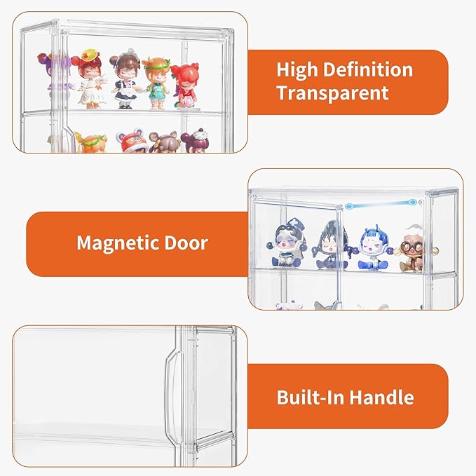 Attelite Acrylic Display Cases for Collectibles, 2 Pack 3 Layer Clear Display Case with Magnetic Door,Desktop Clear Showcase with 2 Adjustable Divider Storage Box for Action Figure