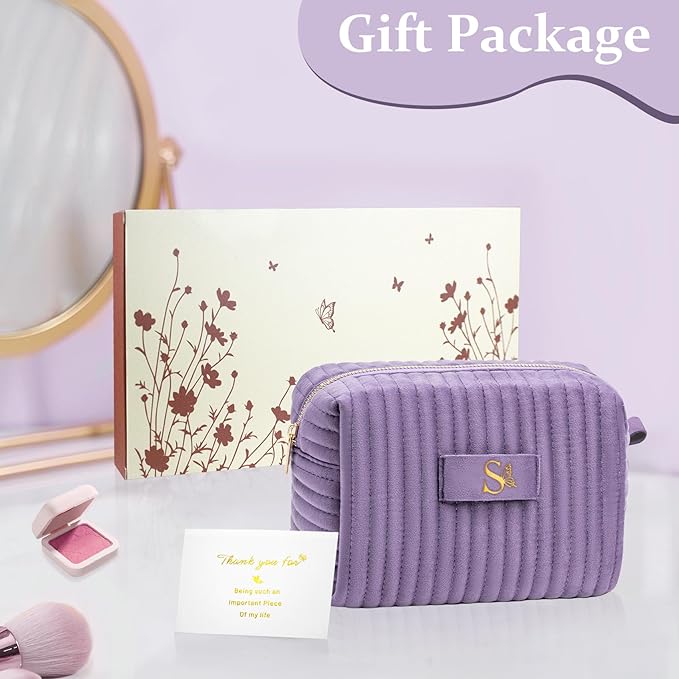 COSHAYSOO Personalized Birthday Gifts for 13 14 15 16 17 18 19 20 21 Year Old Teen Girls Purple Initial Makeup Bags Travel Cosmetic Pouch, Unique Christmas Galentines Valentines Gift Ideas Letter S