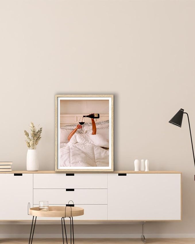 EcoHest 12x16 in Woman Drinking Wine in Bed Framed Wall Art for Bedroom | Natural Oak Wood Frame with Canvas Wall Art, Feminist Wine Wall Decor for Bathroom, Apartment, Dorm, College Room, 1Pack