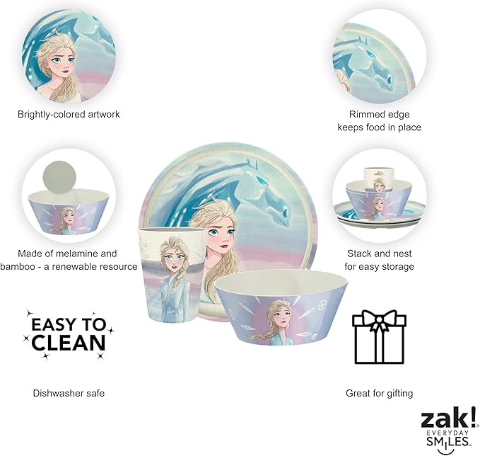 Zak Designs Disney Frozen 2 Kids Dinnerware Set 3 Pieces, Durable and Sustainable Melamine Bamboo Plate, Bowl, and Tumbler are Perfect For Dinner Time With Family (Anna, Elsa, Olaf)