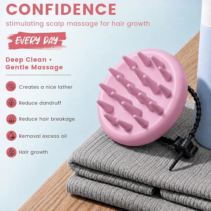 100% Silicone Scalp Massager,Scalp Scrubber for Hair Growth,Pink | 1 PCS Gift Box,2 Seamless Hair Clips Included,Soft-touch Grip,Quick lathering,Anti-Dandruff, Wet & Dry Use for All Hair Types