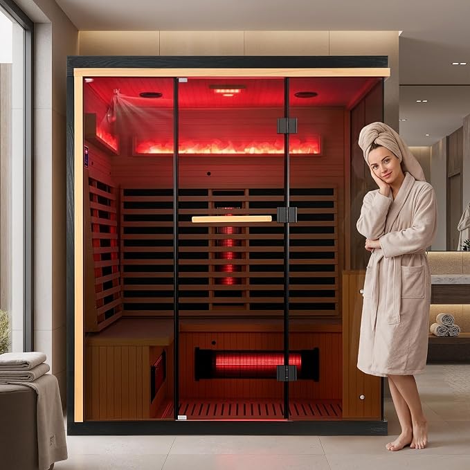 Infrared Sauna, 3-4 Person Home Sauna with Himalayan Salt Panel & 10 Minutes Warm-up System, Indoor Sauna Spa Room with Canadian Hemlock&Panoramic Tempered Glass,220V