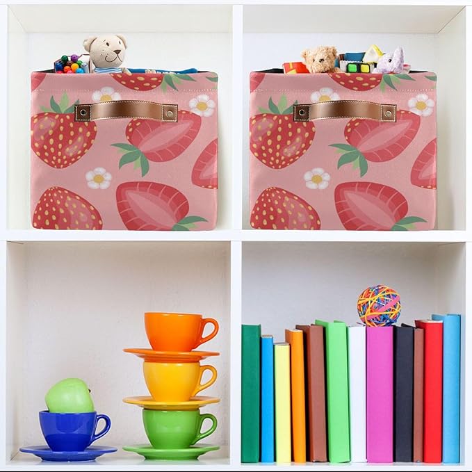 Aslsiy Storage Basket - Fresh Strawberry Pink Nursery Bins Baby Box Canvas Clothes Shelf Laundry Hamper Gift Basket for Home Closet - 1 Pcs