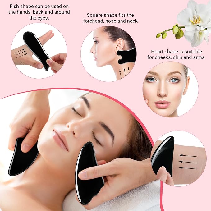 Treela 5 Pcs Gua Sha Facial Tools Set and 1 Pcs Body Gua Sha Massage Tool with Handle for Face Back Neck Leg Body Scraping Massage Board Guasha Comb(Jade, Resin,Black)