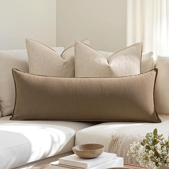 MIULEE Decorative Linen Lumbar Pillow Cover 14x36 Inch Khaki | Fall Autumn Boho FarmhouseCouch Long Throw Pillow for Bed, Pack of 1 Accent Modern Pillowcase, Sofa Livingroom Home Decor