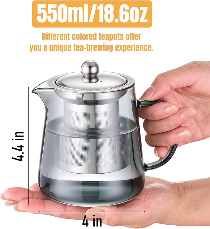 PARACITY Glass Teapot Stovetop 32OZ, Borosilicate Clear Tea Kettle with Removable 18/8 Stainless Steel Infuser, Teapot Blooming and Loose Leaf Tea Maker Tea Brewer (Black, 550ML)