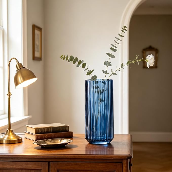10 inch Blue Glass Flower Vase for Pampas Grass, Medium Decorative Centerpiece Ribbed Vase for Dining Table, Office Desktop, Shelf Bookshelf, Mantel, Entryway, Bathroom, Countertop,Gift