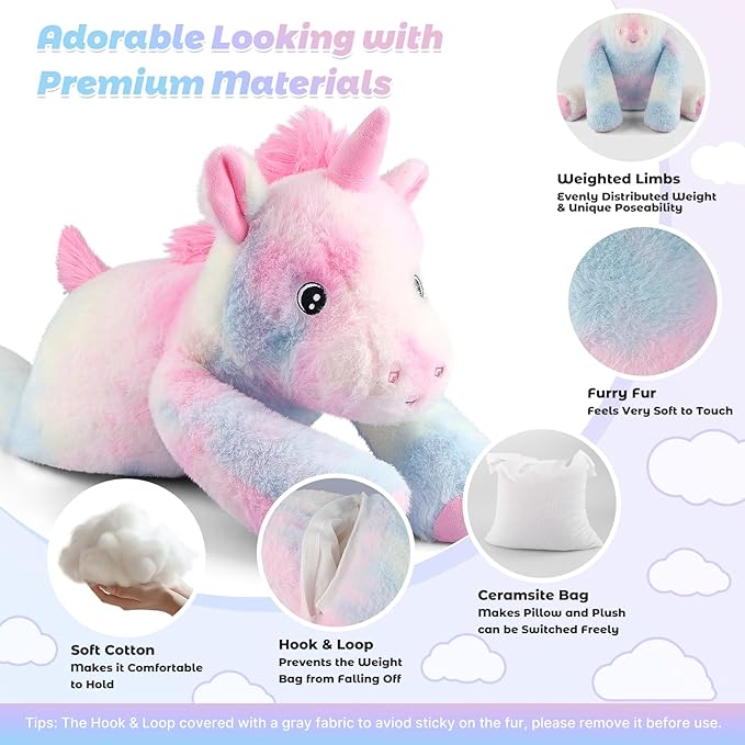 Bobbie & Laxi 23" 4.5lbs Unicorn Weighted Stuffed Animal–Adjustable Sitting & Laying Weighted Unicorn Plush Toy Pillow with Removable Ceramsite Bag Cuddly Soft Companion for Adult, Kid