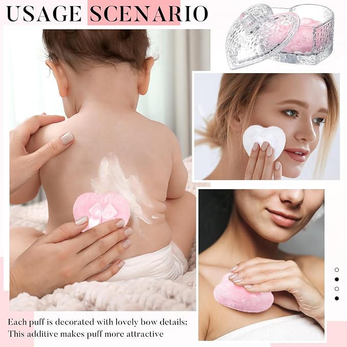 Tioncy 3 Pcs Large Body Powder Puff and Container Valentine's Day gift Powder Container with Puff Crystal Case Soft Washable Reusable Velour Face Body Glitter Wet Dry Makeup(Hammered Heart,Clear)