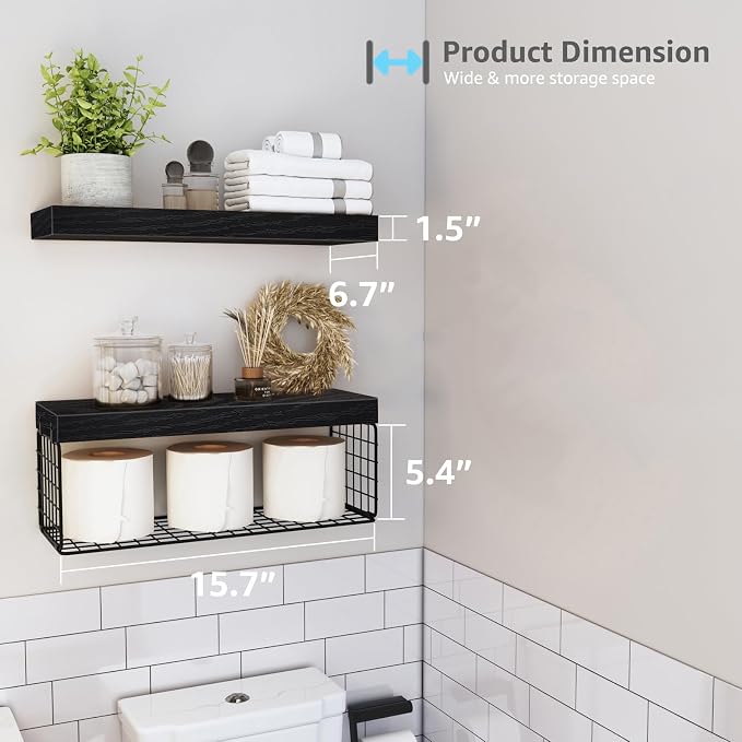 QEEIG Bathroom Shelves Over Toilet - Wall Mounted Floating Shelves Toilet Paper Storage Small Farmhouse Decor Shelf 16 inch Set of 2, Black (019-B2)