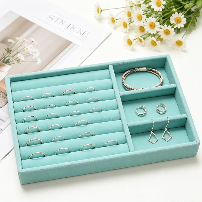 Velvet Jewelry Trays for Drawers, Blue 2-in-1 | Stackable Jewelry Drawer Organizer, Ring Earring Necklace Bracelet Holder Organizer Display Tray with Removable Dividers