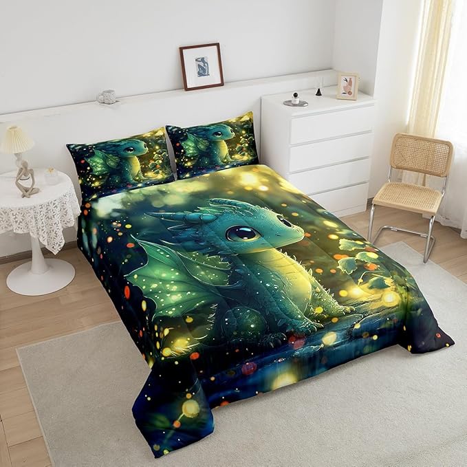 Feelyou Dragon Comforter Set Queen Size Dragon Stuff Comforter for Boys Girls Teens Kawaii Bedding Set Dragon Decor Duvet Set Room Decor Bright Green Quilt Set