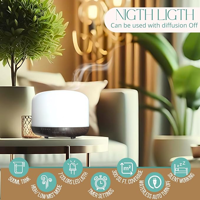 Mystic Romance Essential Oil Diffuser, 500ml Aromatherapy Humidifer and Nigth Ligth for Relaxing Atmosphere in Home Office Yoga and Spa, for Everyone, Auto-Off Safety Switch. Dark Wood