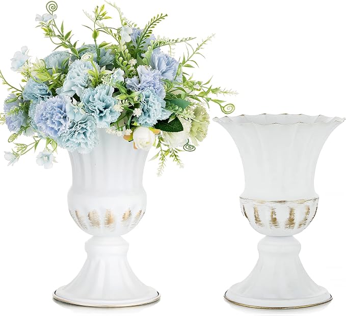 Sziqiqi White Metal Vase for Centerpiece, Table Flower Arrangements, 2Pcs | 9in Tall Compote Vase, Trumpet Urn Vase for Decoration, Planter Pot for Artificial Flower, For Reception, Home, Party Decor