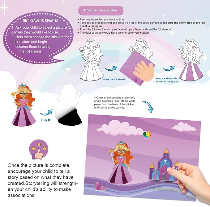 AWHETIE Princess Foil Craft for Kids,No Mess Creative Activity Toys Art and Crafts for Kids,Birthday Gifts Crafts for Girls&Boys Ages 4, 5, 6, 7, 8, 9 (Princess)